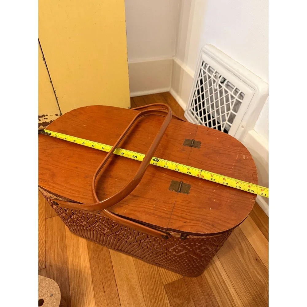 Vintage Red-Man Woven Picnic Basket Wood Lid Brown Diamond Pattern Peru Indiana